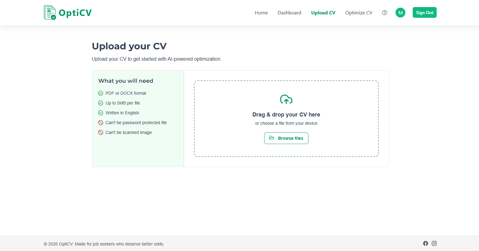 Screenshot of the CV upload page