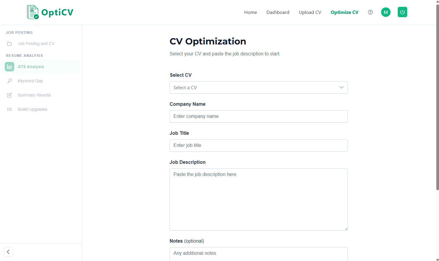 Screenshot of the CV optimization page