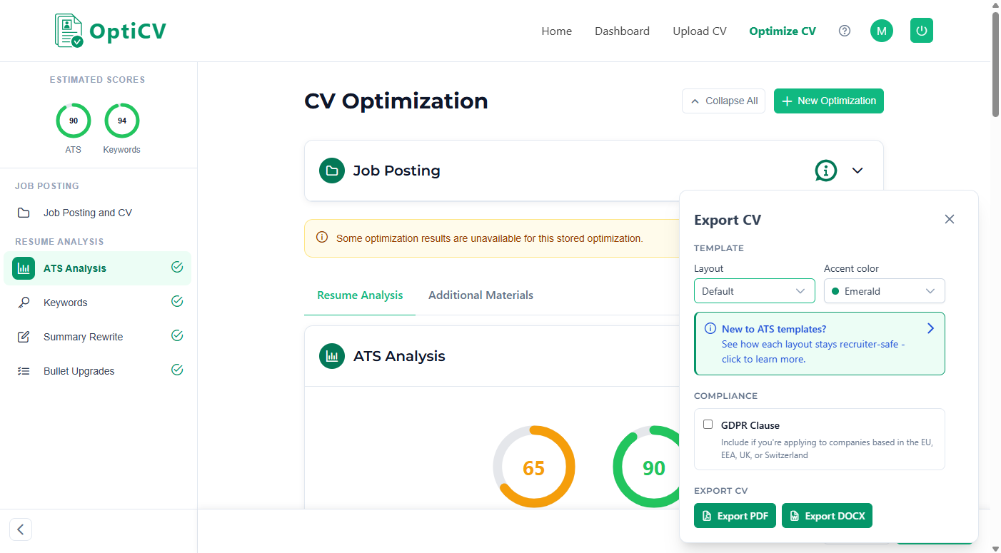 Screenshot of the optimized CV export
