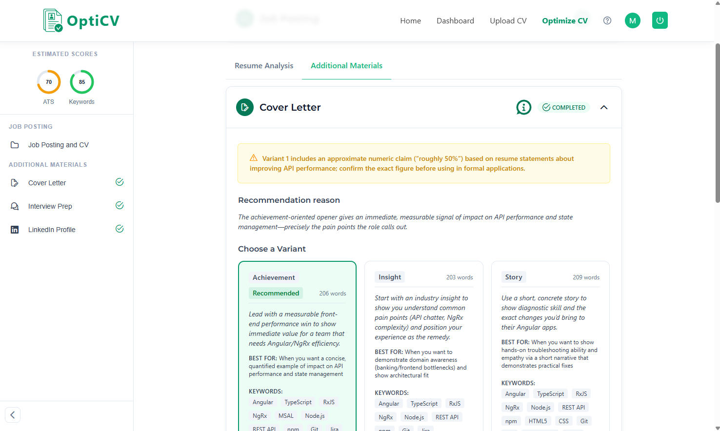 Screenshot of the cover letter page