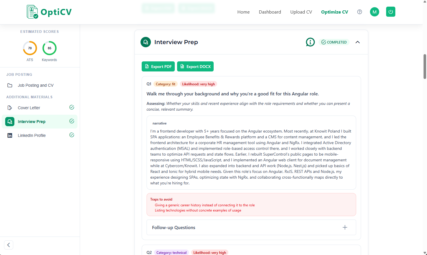 Screenshot of the interview prep page